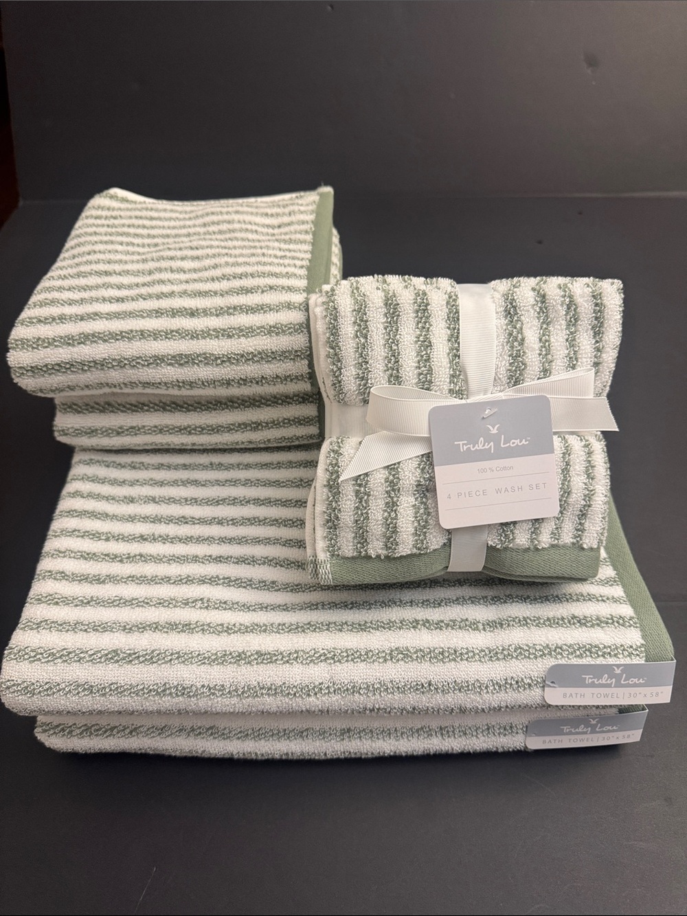 8pc TRULY LOU 100% Cotton Stripe Bath Towel Set -Soft -Absorbent - Wht/Oil Green - Picture 9 of 9